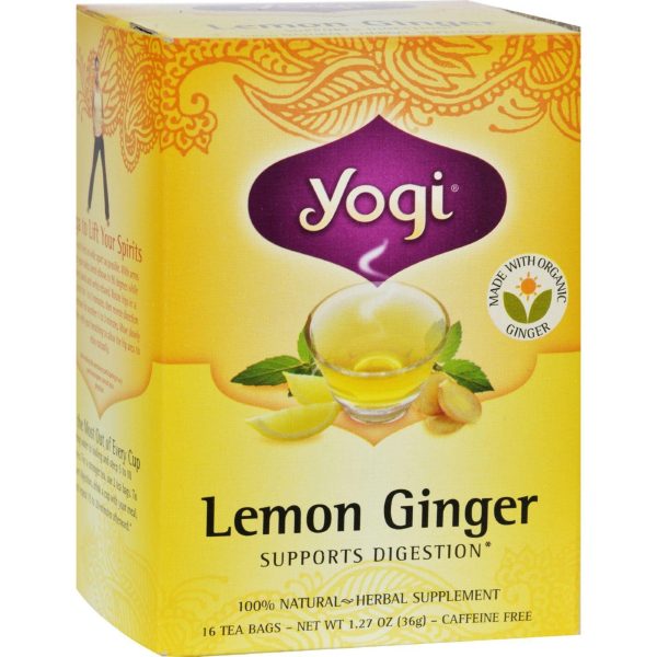 Yogi 100% Natural Herbal Tea Caffeine Free Lemon Ginger - 16 Tea Bags - Case Of 6 For Sale