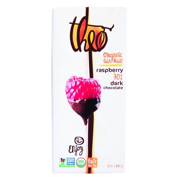 Theo Chocolate Organic Chocolate Bar - Classic - Dark Chocolate - 70 Percent Cacao - Raspberry - 3 Oz Bars - Case Of 12 Online